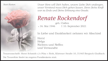 Anzeige von Renate Rockendorf von Kölner Stadt-Anzeiger / Kölnische Rundschau / Express
