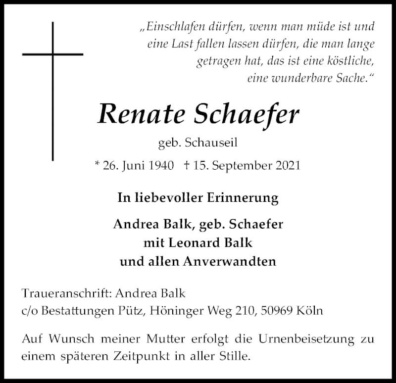  Traueranzeige für Renate Schaefer vom 25.09.2021 aus Kölner Stadt-Anzeiger / Kölnische Rundschau / Express