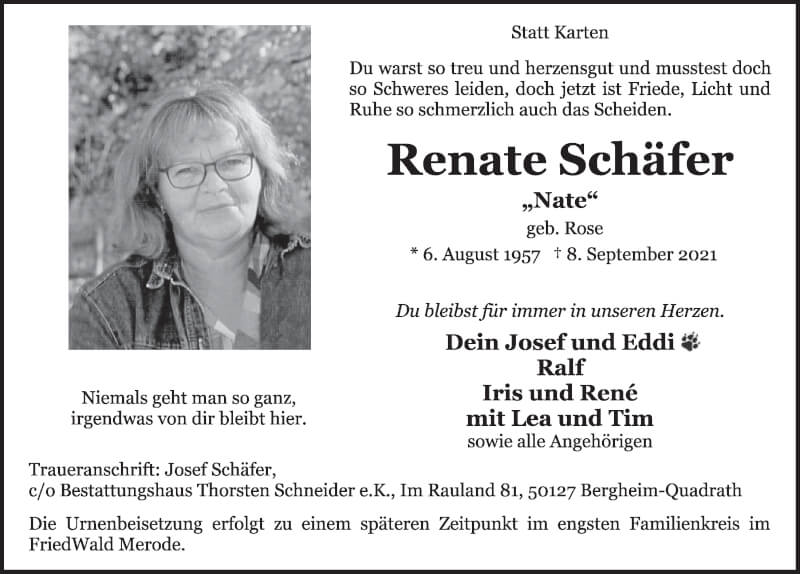  Traueranzeige für Renate Schäfer vom 17.09.2021 aus  Werbepost 