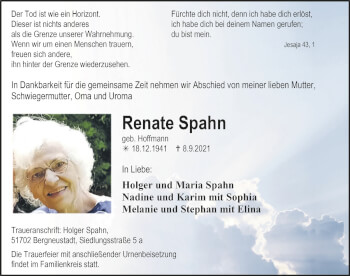 Anzeige von Renate Spahn von  Anzeigen Echo 