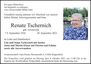 Anzeige von Renate Tschernich von Kölner Stadt-Anzeiger / Kölnische Rundschau / Express