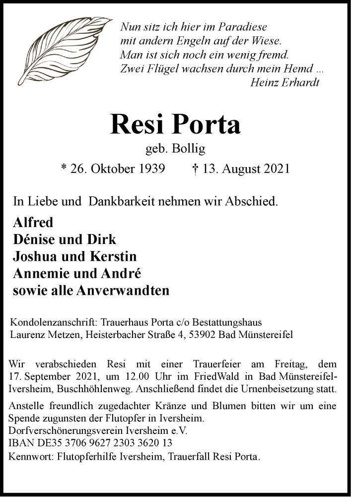  Traueranzeige für Resi Porta vom 11.09.2021 aus  Blickpunkt Euskirchen 