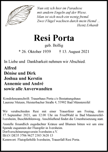 Anzeige von Resi Porta von  Blickpunkt Euskirchen 