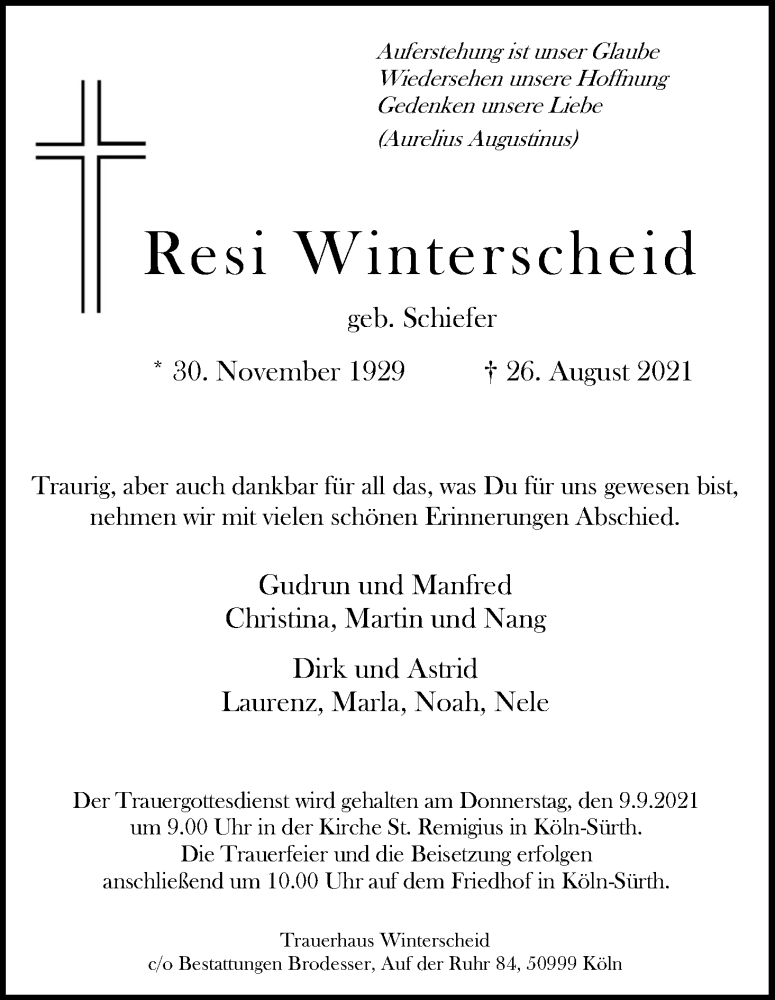  Traueranzeige für Resi Winterscheid vom 04.09.2021 aus Kölner Stadt-Anzeiger / Kölnische Rundschau / Express