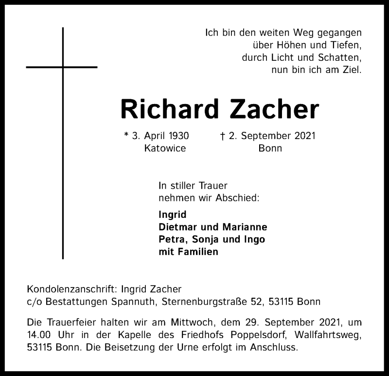  Traueranzeige für Richard Zacher vom 11.09.2021 aus Kölner Stadt-Anzeiger / Kölnische Rundschau / Express