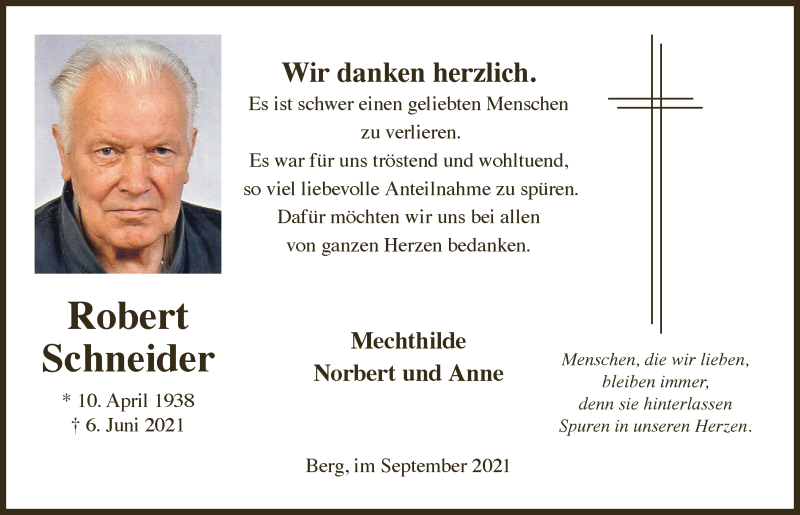  Traueranzeige für Robert Schneider vom 24.09.2021 aus  Schaufenster/Blickpunkt 