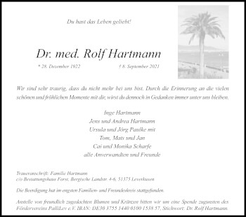 Anzeige von Rolf Hartmann von Kölner Stadt-Anzeiger / Kölnische Rundschau / Express