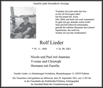 Anzeige von Rolf Lieder von  Wochenende 