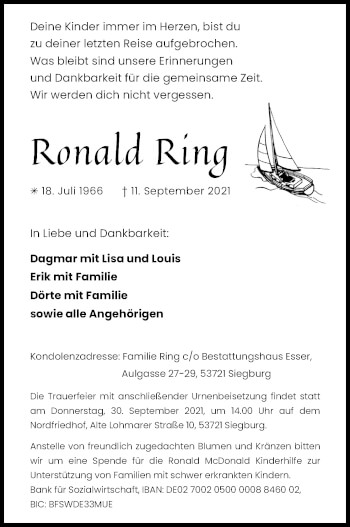Anzeige von Ronald Ring von Kölner Stadt-Anzeiger / Kölnische Rundschau / Express