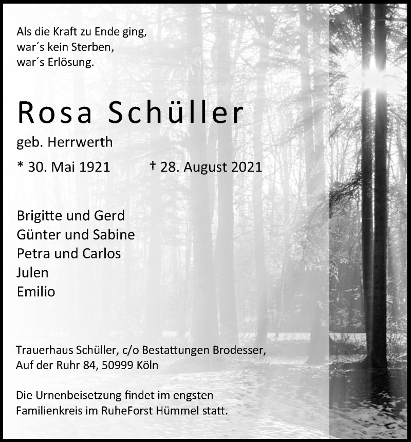  Traueranzeige für Rosa Schüller vom 04.09.2021 aus Kölner Stadt-Anzeiger / Kölnische Rundschau / Express
