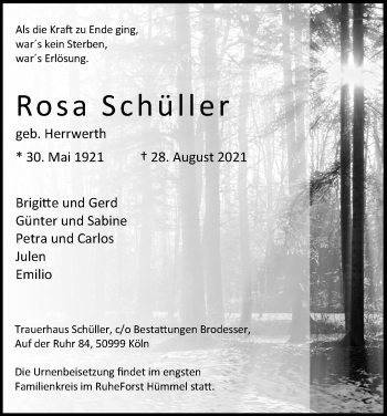 Anzeige von Rosa Schüller von Kölner Stadt-Anzeiger / Kölnische Rundschau / Express