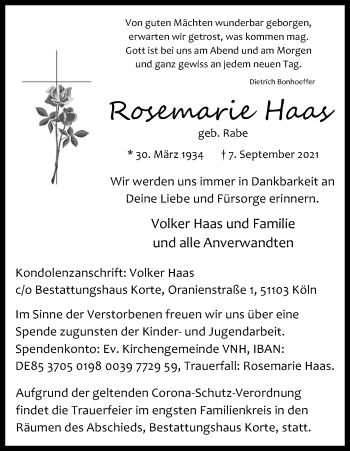 Anzeige von Rosemarie Haas von Kölner Stadt-Anzeiger / Kölnische Rundschau / Express