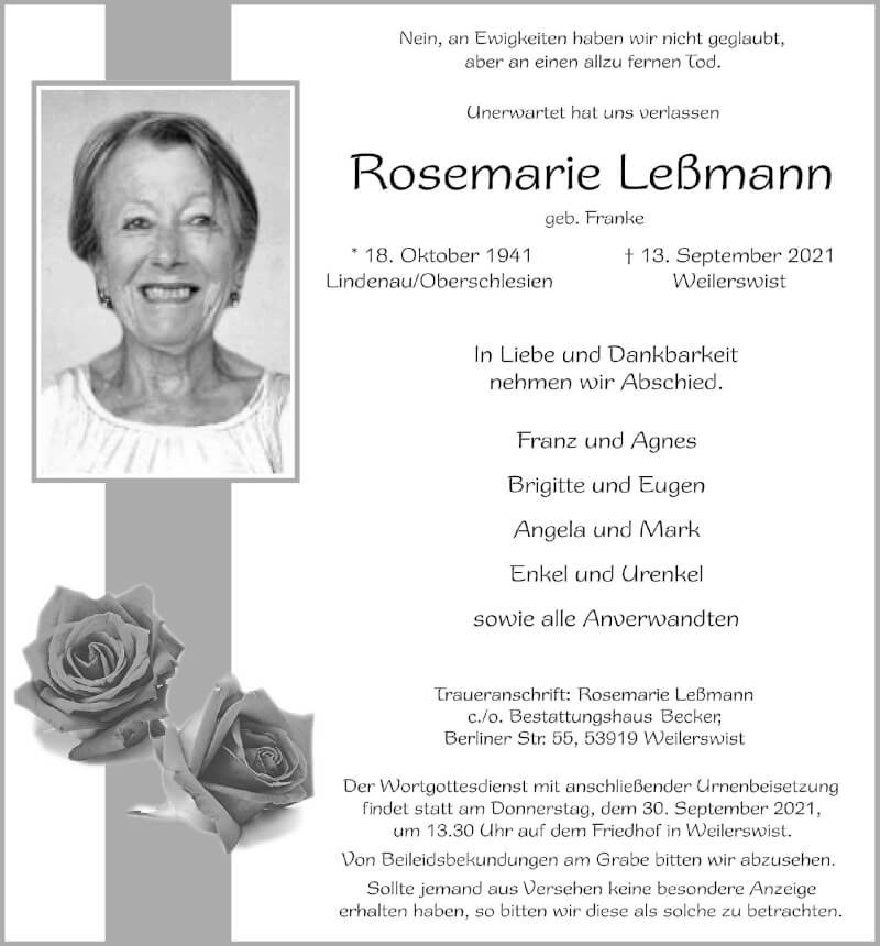  Traueranzeige für Rosemarie Leßmann vom 18.09.2021 aus  Blickpunkt Euskirchen 