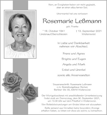 Anzeige von Rosemarie Leßmann von  Blickpunkt Euskirchen 