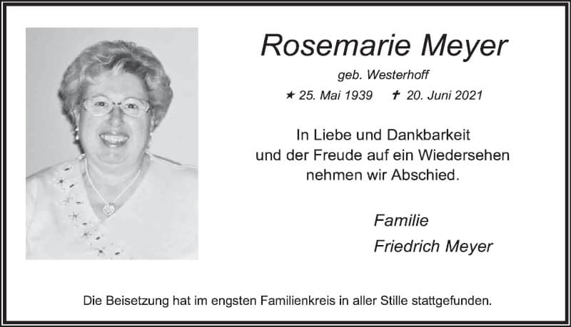  Traueranzeige für Rosemarie Meyer vom 17.09.2021 aus  Wochenende 