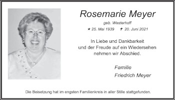 Anzeige von Rosemarie Meyer von  Wochenende 