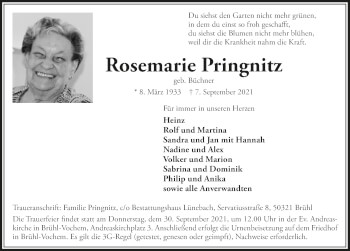 Anzeige von Rosemarie Pringnitz von  Schlossbote/Werbekurier 