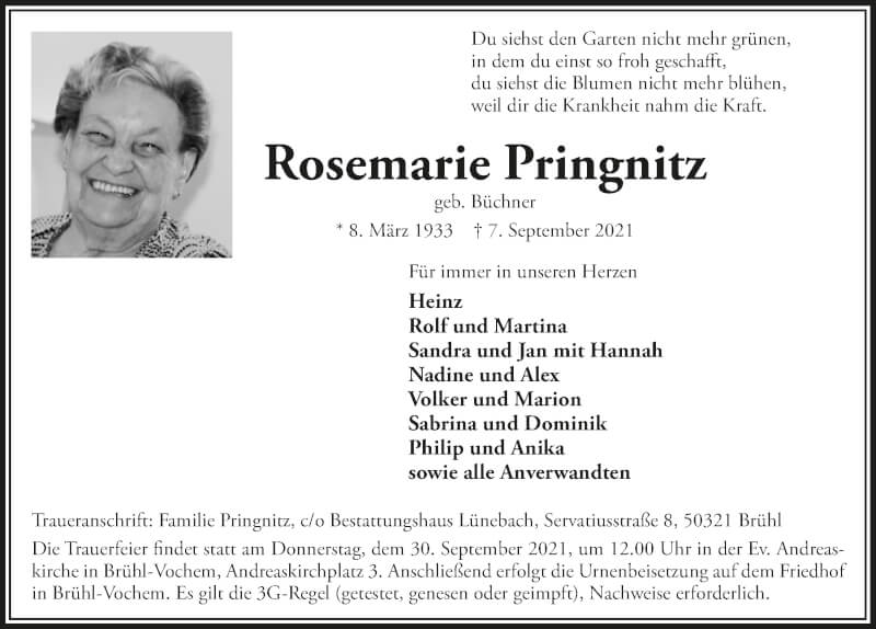  Traueranzeige für Rosemarie Pringnitz vom 17.09.2021 aus  Schlossbote/Werbekurier 
