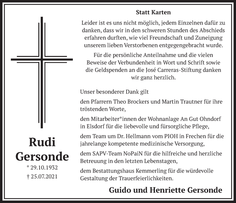  Traueranzeige für Rudi Gersonde vom 03.09.2021 aus  Werbepost 
