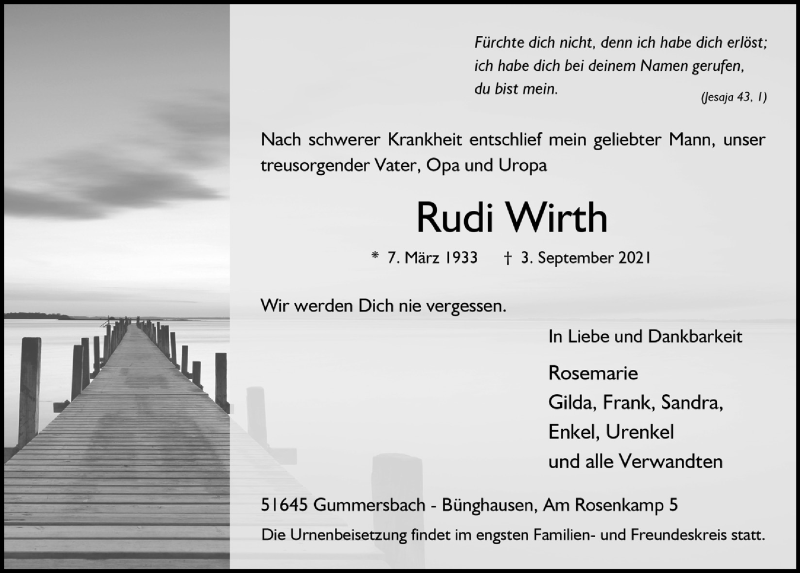  Traueranzeige für Rudi Wirth vom 10.09.2021 aus  Anzeigen Echo 
