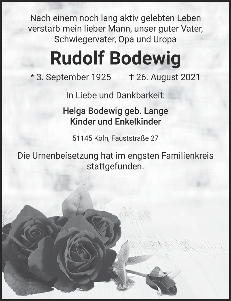  Traueranzeige für Rudolf Bodewig vom 10.09.2021 aus  Kölner Wochenspiegel 