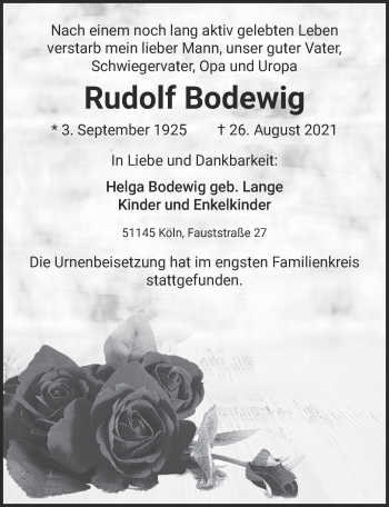 Anzeige von Rudolf Bodewig von  Kölner Wochenspiegel 