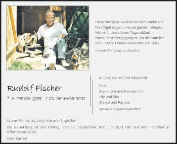 Anzeige von Rudolf Fischer von Kölner Stadt-Anzeiger / Kölnische Rundschau / Express