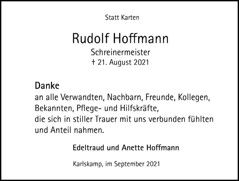  Traueranzeige für Rudolf Hoffmann vom 10.09.2021 aus  Anzeigen Echo 