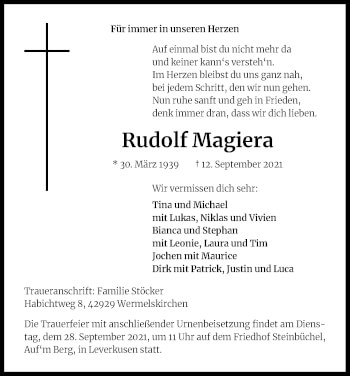 Anzeige von Rudolf Magiera von Kölner Stadt-Anzeiger / Kölnische Rundschau / Express