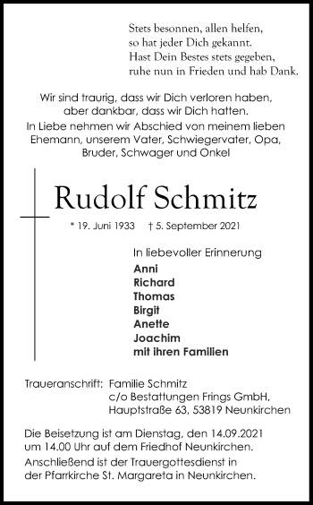 Anzeige von Rudolf Schmitz von Kölner Stadt-Anzeiger / Kölnische Rundschau / Express