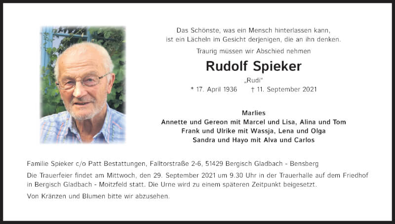  Traueranzeige für Rudolf Spieker vom 18.09.2021 aus Kölner Stadt-Anzeiger / Kölnische Rundschau / Express