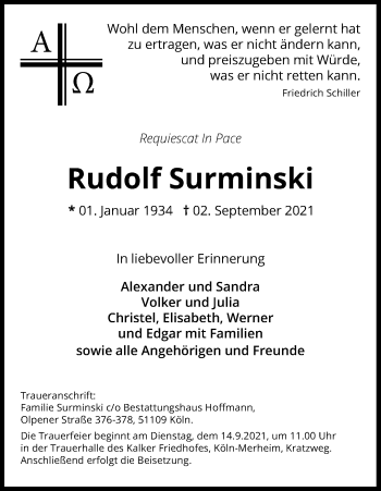 Anzeige von Rudolf Surminski von Kölner Stadt-Anzeiger / Kölnische Rundschau / Express