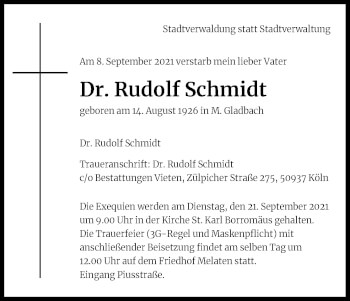 Anzeige von Rudolf Schmidt Schmidt von Kölner Stadt-Anzeiger / Kölnische Rundschau / Express