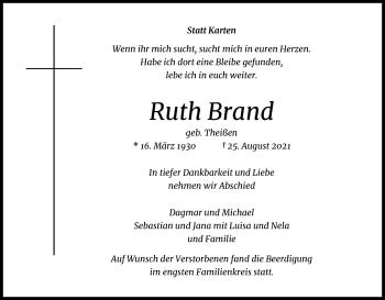 Anzeige von Ruth Brand von Kölner Stadt-Anzeiger / Kölnische Rundschau / Express
