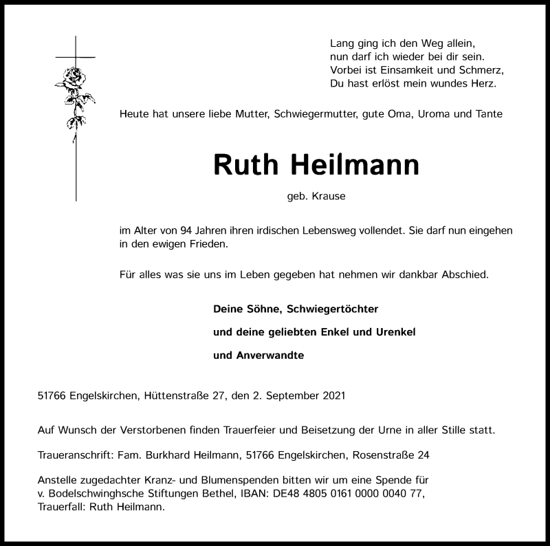  Traueranzeige für Ruth Heilmann vom 11.09.2021 aus Kölner Stadt-Anzeiger / Kölnische Rundschau / Express