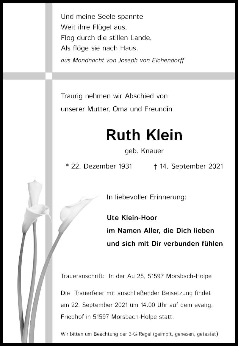  Traueranzeige für Ruth Klein vom 18.09.2021 aus Kölner Stadt-Anzeiger / Kölnische Rundschau / Express