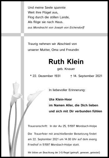 Anzeige von Ruth Klein von Kölner Stadt-Anzeiger / Kölnische Rundschau / Express