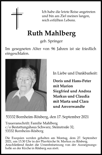 Anzeige von Ruth Mahlberg von  Schaufenster/Blickpunkt 