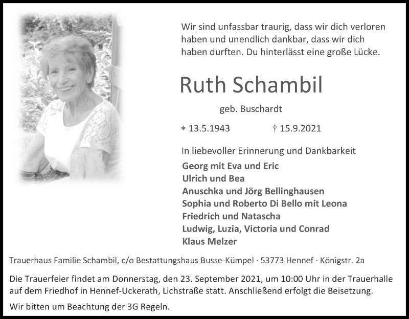  Traueranzeige für Ruth Schambil vom 21.09.2021 aus Kölner Stadt-Anzeiger / Kölnische Rundschau / Express