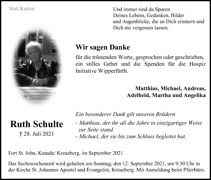  Traueranzeige für Ruth Schulte vom 04.09.2021 aus Kölner Stadt-Anzeiger / Kölnische Rundschau / Express