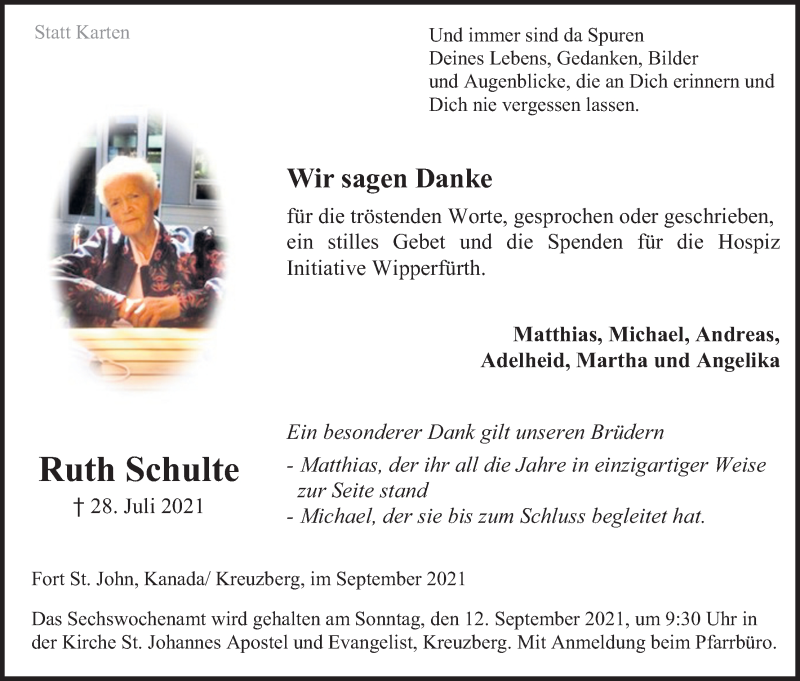  Traueranzeige für Ruth Schulte vom 11.09.2021 aus Kölner Stadt-Anzeiger / Kölnische Rundschau / Express