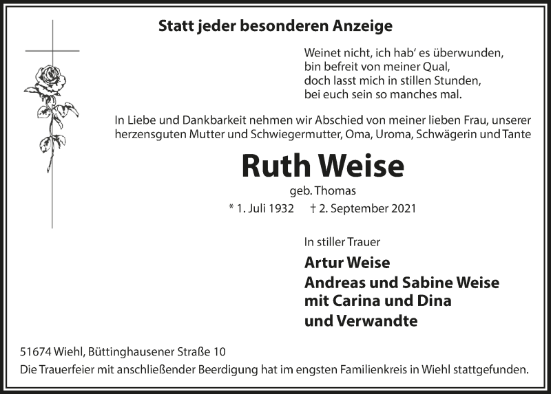 Traueranzeige für Ruth Weise vom 10.09.2021 aus  Anzeigen Echo 