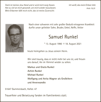 Anzeige von Samuel Runkel von  Anzeigen Echo 