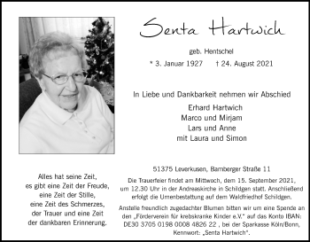 Anzeige von Senta Hartwich von Kölner Stadt-Anzeiger / Kölnische Rundschau / Express