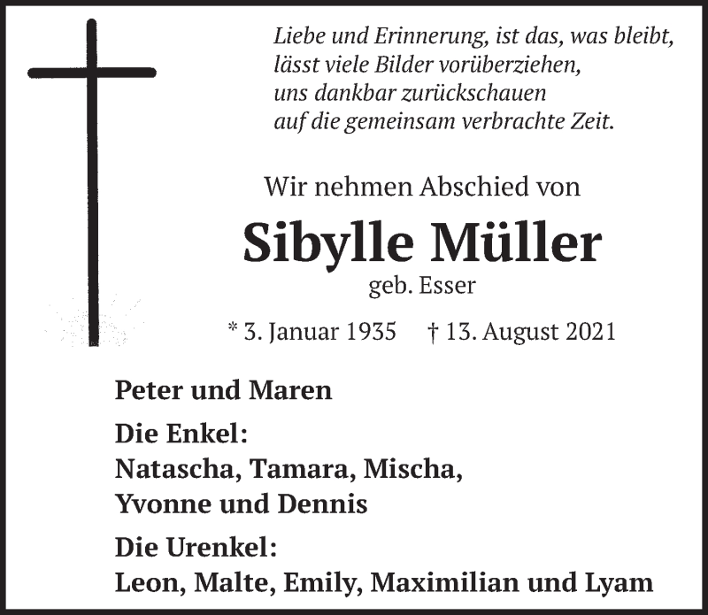  Traueranzeige für Sibylle Müller vom 03.09.2021 aus  Werbepost 