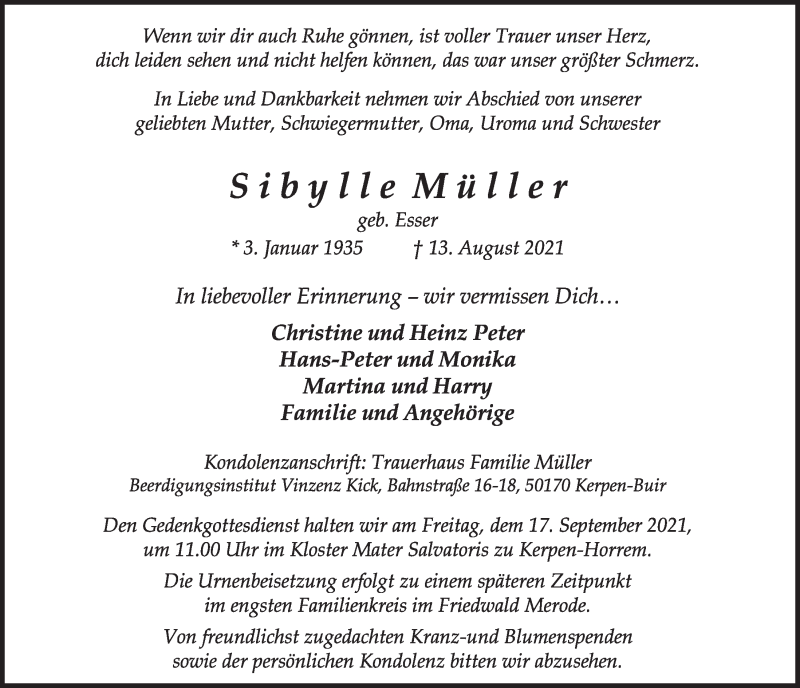  Traueranzeige für Sibylle Müller vom 10.09.2021 aus  Werbepost 