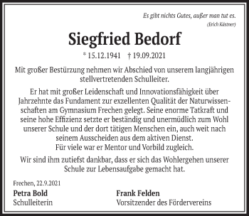Anzeige von Siegfried Bedorf von  Wochenende 