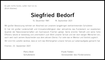 Anzeige von Siegfried Bedorf von Kölner Stadt-Anzeiger / Kölnische Rundschau / Express