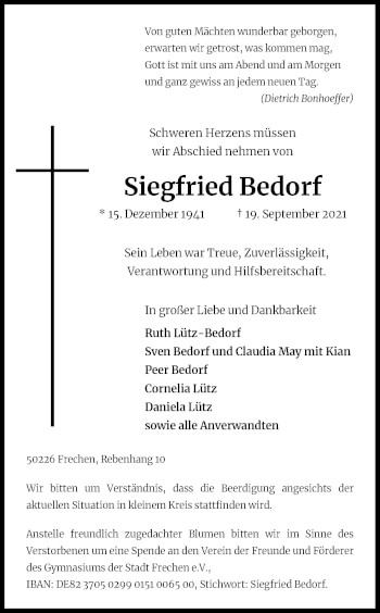 Anzeige von Siegfried Bedorf von Kölner Stadt-Anzeiger / Kölnische Rundschau / Express