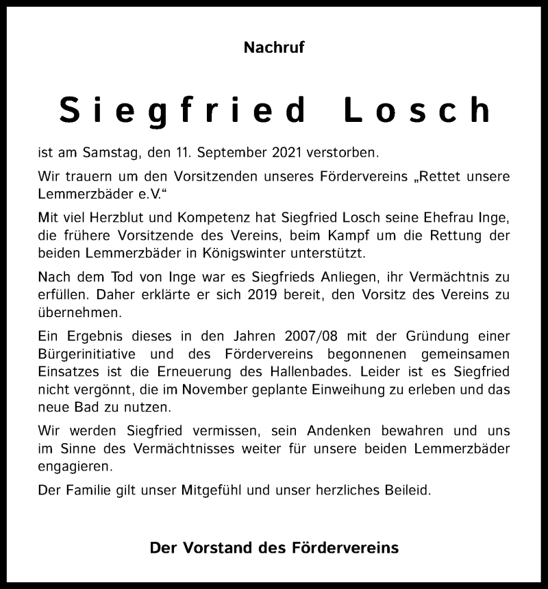  Traueranzeige für Siegfried Losch vom 25.09.2021 aus Kölner Stadt-Anzeiger / Kölnische Rundschau / Express